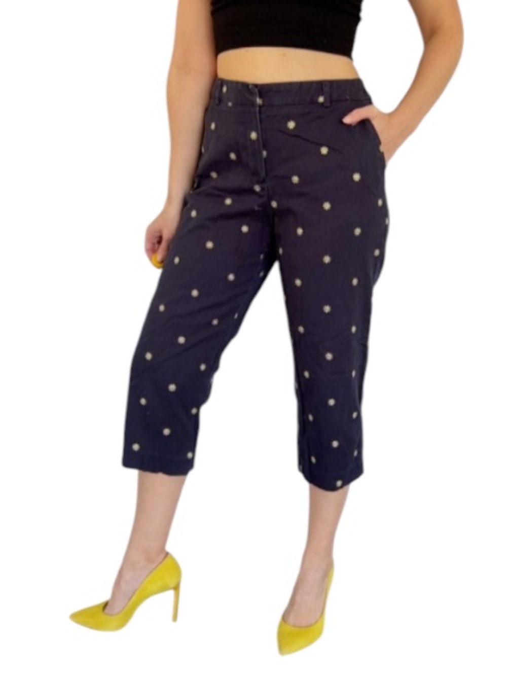 JM Collection Petite navy blue embroidered floral cotton capri pants size 10P